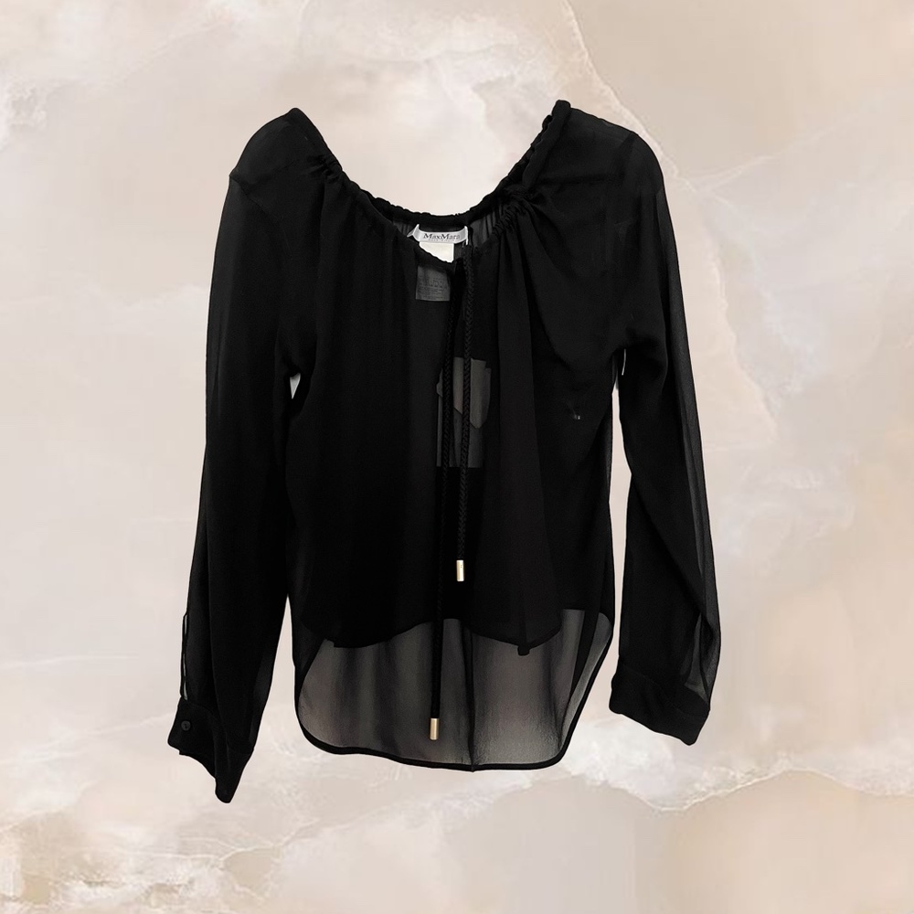 MAX MARA Black Silk Blouse Drawstring Neckline Made In Italy NWT Sz USA 16 Women